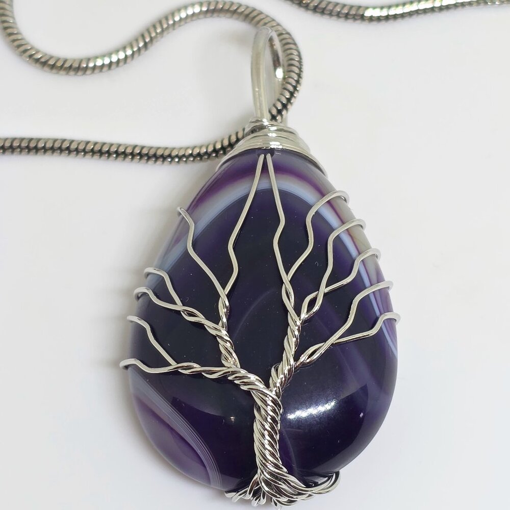 Tree of Life Silver Wrap Teardrop Dark Purple Teadrop Agate Pendant Necklace
